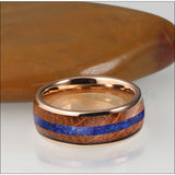 Fabulous 8mm Dome Polished Blue Lapis Whisky Oak Wood Inlay Tungsten Carbide Rings Men Women - Engagement Wedding Band