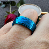 Super Blue White Stepped Edges Hammered Finish 6/8MM Men Women Tungsten Comfort Fit Engagement Rings Trendy Jewelry