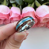 Fashion 8MM Crushed Turquoise And Koa Wood Inlay Domed Men Women Black Tungsten Carbide Wedding Comfort Fit Ring