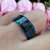 Outstanding Black Carbon Fiber Inlay 8mm Blue Tungsten Men Women Rings Comfort Fit Engagement Wedding Bands