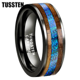 Super Blue Opal Whisky Barrel Wood Inlay 8mm Black Tungsten Comfort Fit Rings for Men, Women Fashion Wedding Bands