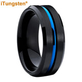 Black Blue Grooved Beveled Brushed Finish 8mm Mens Womens Tungsten Carbide Ring  Comfort Fit Wedding Band