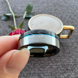 Astounding Offset Grooved Brushed Black Blue 8MM Comfort Fit Tungsten Carbide Wedding Band Men and Women Rings