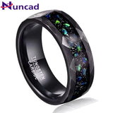 Electric Black 8mm Hammer Pattern Inlaid Black Sand Bottom Green Crushed Opal Tungsten Steel Rings for Men