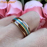 Fashion 8MM Crushed Turquoise And Koa Wood Inlay Domed Men Women Black Tungsten Carbide Wedding Comfort Fit Ring