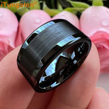Center Brushed Polished Finish 10mm 12mm Mens Tungsten Flat Big Finger Rings, Comfort Fit Engagement Wedding Bands