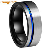 Offset Groove And Brushed Finish 8mm Black Blue Tungsten Carbide Comfort Fit Wedding Band Ring For Men Women
