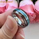 Fashion 8MM Crushed Turquoise And Koa Wood Inlay Domed Men Women Black Tungsten Carbide Wedding Comfort Fit Ring