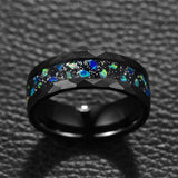 Electric Black 8mm Hammer Pattern Inlaid Black Sand Bottom Green Crushed Opal Tungsten Steel Rings for Men