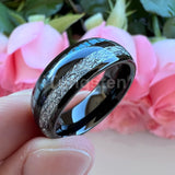 Blue Carbon Fiber And Meteorite Inlay 8mm Men Women Wedding Band Tungsten Carbide Comfort Fit Ring
