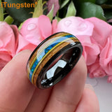 Gorgeous Whisky Wood Guitar String Inlay 8mm Tungsten Blue Opal Fashion Engagement Wedding Band for Men Women