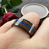 Super Blue Opal Whisky Barrel Wood Inlay 8mm Black Tungsten Comfort Fit Rings for Men, Women Fashion Wedding Bands