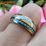 Blue Carbon Fiber And Meteorite Inlay 8mm Men Women Wedding Band Tungsten Carbide Comfort Fit Ring