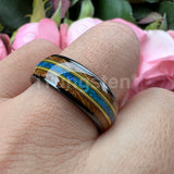 Gorgeous Whisky Wood Guitar String Inlay 8mm Tungsten Blue Opal Fashion Engagement Wedding Band for Men Women