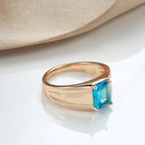 Elegant Daily Wide Face Smooth Metal Square Blue Rolled 14K Rose Gold AAA Zircon Crystal  Jewelry Rings For Women