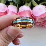 Fashion 8MM Crushed Turquoise And Koa Wood Inlay Domed Men Women Black Tungsten Carbide Wedding Comfort Fit Ring