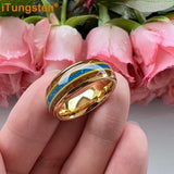Gorgeous Whisky Wood Guitar String Inlay 8mm Tungsten Blue Opal Fashion Engagement Wedding Band for Men Women