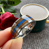 Super Blue Opal Whisky Barrel Wood Inlay 8mm Black Tungsten Comfort Fit Rings for Men, Women Fashion Wedding Bands