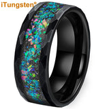 Super 8mm Multi Facet Hammer With Galaxy Series Opal Inlay Comfort Fit Men Women Tungsten Wedding Band