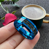 Black Blue Carbon Fiber Inlay Shiny Bevel Edges 6/8MM Men and Women Tungsten Comfort Fit Wedding Band