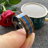 Super Blue Opal Whisky Barrel Wood Inlay 8mm Black Tungsten Comfort Fit Rings for Men, Women Fashion Wedding Bands