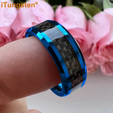 Outstanding Black Carbon Fiber Inlay 8mm Blue Tungsten Men Women Rings Comfort Fit Engagement Wedding Bands