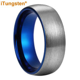 Superb Blue Domed Brushed 6mm 8mm  Tungsten Carbide Ring for Men and Women Comfort Fit Engagement Wedding Band
