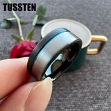 Astounding Offset Grooved Brushed Black Blue 8MM Comfort Fit Tungsten Carbide Wedding Band Men and Women Rings