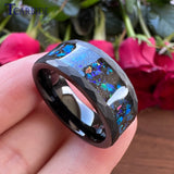 Galaxy Series Opal Inlay 8MM Black Hammer Multi Facet Tungsten Wedding Band For Men Women With Comfort Fit
