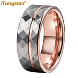 Flat Band Grooved Brushed 8mm Hammered Tungsten Carbide Comfort Fit Ring for Men Women - Fashion Wedding Jewelry