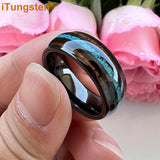 Fashion 8MM Crushed Turquoise And Koa Wood Inlay Domed Men Women Black Tungsten Carbide Wedding Comfort Fit Ring