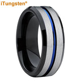 Black Blue Grooved Beveled Brushed Finish 8mm Mens Womens Tungsten Carbide Ring  Comfort Fit Wedding Band