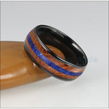 Fabulous 8mm Dome Polished Blue Lapis Whisky Oak Wood Inlay Tungsten Carbide Rings Men Women - Engagement Wedding Band