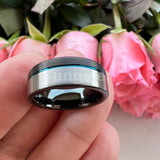 Offset Groove And Brushed Finish 8mm Black Blue Tungsten Carbide Comfort Fit Wedding Band Ring For Men Women