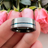 Offset Groove And Brushed Finish 8mm Black Blue Tungsten Carbide Comfort Fit Wedding Band Ring For Men Women