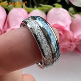 Blue Carbon Fiber And Meteorite Inlay 8mm Men Women Wedding Band Tungsten Carbide Comfort Fit Ring
