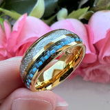 Blue Carbon Fiber And Meteorite Inlay 8mm Men Women Wedding Band Tungsten Carbide Comfort Fit Ring