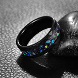 Electric Black 8mm Hammer Pattern Inlaid Black Sand Bottom Green Crushed Opal Tungsten Steel Rings for Men