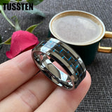 Black Blue Carbon Fiber Inlay Shiny Bevel Edges 6/8MM Men and Women Tungsten Comfort Fit Wedding Band