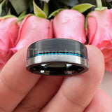 Offset Groove And Brushed Finish 8mm Black Blue Tungsten Carbide Comfort Fit Wedding Band Ring For Men Women