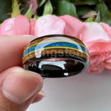 Gorgeous Whisky Wood Guitar String Inlay 8mm Tungsten Blue Opal Fashion Engagement Wedding Band for Men Women