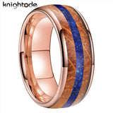Fabulous 8mm Dome Polished Blue Lapis Whisky Oak Wood Inlay Tungsten Carbide Rings Men Women - Engagement Wedding Band