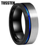 Astounding Offset Grooved Brushed Black Blue 8MM Comfort Fit Tungsten Carbide Wedding Band Men and Women Rings