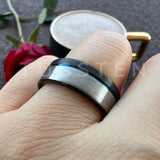 Astounding Offset Grooved Brushed Black Blue 8MM Comfort Fit Tungsten Carbide Wedding Band Men and Women Rings
