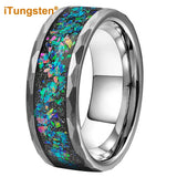 Super 8mm Multi Facet Hammer With Galaxy Series Opal Inlay Comfort Fit Men Women Tungsten Wedding Band
