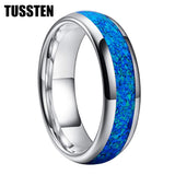 Amazing Blue Opal Domed Polished 6MM 8MM  Fashion Tungsten Comfort Fit Engagement Wedding Bands for Men and Women