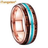 Fashion 8MM Crushed Turquoise And Koa Wood Inlay Domed Men Women Black Tungsten Carbide Wedding Comfort Fit Ring