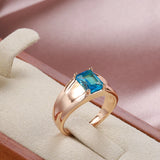 Elegant Daily Wide Face Smooth Metal Square Blue Rolled 14K Rose Gold AAA Zircon Crystal  Jewelry Rings For Women