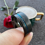 Astounding Offset Grooved Brushed Black Blue 8MM Comfort Fit Tungsten Carbide Wedding Band Men and Women Rings