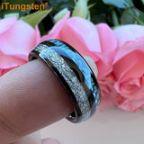Blue Carbon Fiber And Meteorite Inlay 8mm Men Women Wedding Band Tungsten Carbide Comfort Fit Ring